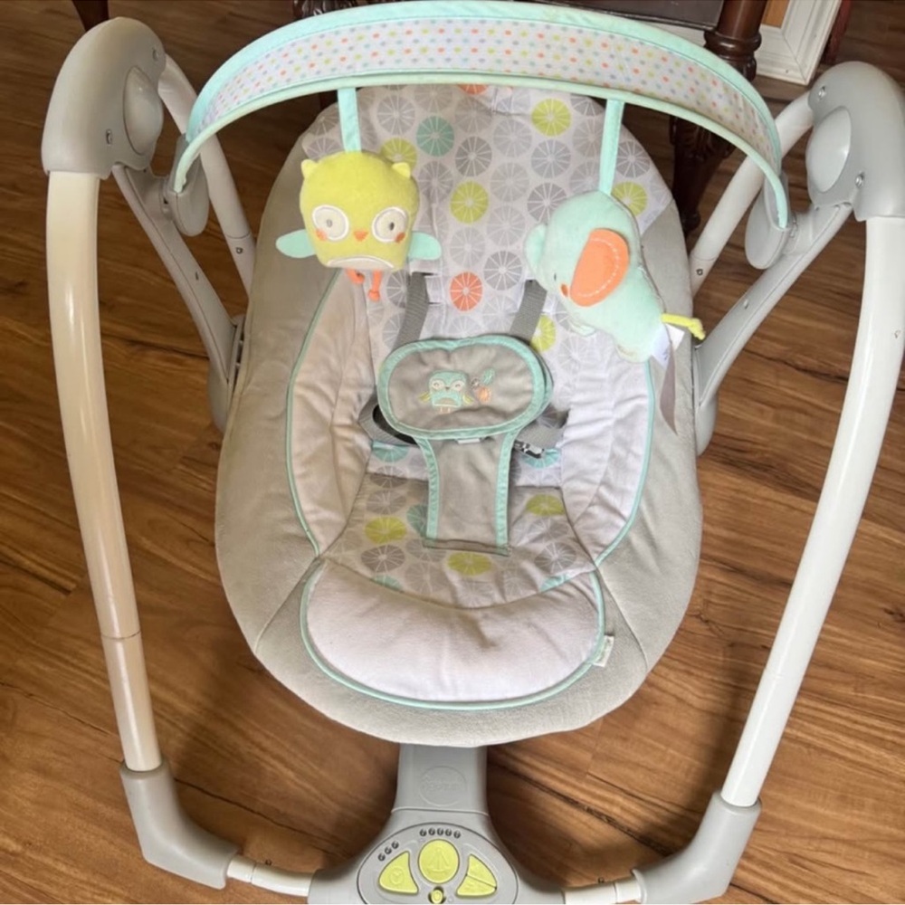 Gray and Green Baby Swing with Toys